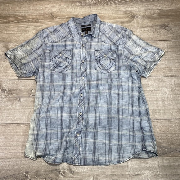 True Religion Shirt Mens XL Blue Plaid Slim Fit Short Sleeve Button Down Western - Picture 1 of 8